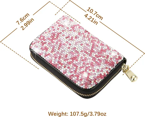 Vista 2 de AsAlways Funda con cremallera multicapa con diamantes de imitación RFID, cartera pequeña delgada para mujer, Rosado, Moderno