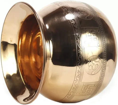 Vista 2 de ASHIRWAD Cobre puro en relieve Lota Kalash para oración hindú Pooja con Om Swastik Signs Arti Puja Pot para nuevo hogar AE000182-04 (1.0 L)