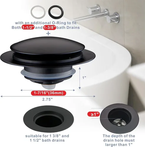 Vista 2 de Tapón de Desagüe de Bañera Negro Mate, Hidrop Tapón de Desagüe Universal Pop Up Tip Toe para Bañera, Se Ajusta de 1.375 a 1.5 Pulgadas, Reemplaza