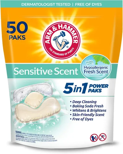 Vista 13 de ARM & HAMMER Paquete de detergente para ropa Sensitive Skin, aroma fresco, 42 unidades Probado por dermatólogos, hipoalergénico, poder de lucha