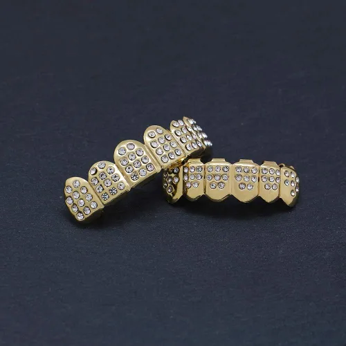 Vista 4 de LuReen 14k Gold 6 Teeth Grillz Hip Hop Joker Diamond Top Bottom Teeth Caps Grillz Set
