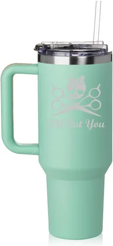 Vista 4 de Vaso de 40 onzas con asa y tapa con pajilla, taza de viaje aislada de acero inoxidable, taza de viaje I'll Cut You Hair Dresser Stylist (negro)