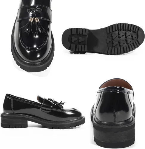 Vista 4 de MACNMEUU Mocasines de plataforma para mujer, mocasines de piel sintética para mujer, mocasines de piel sintética con borlas
