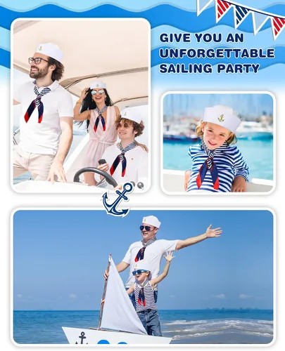 Vista 2 de Geyoga Conjunto de sombrero de marinero y bufanda para mujeres y hombres traje azul marino con sombrero de marinero blanco sombrero de capitán
