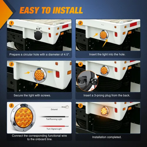 Vista 6 de Nilight Luces traseras para remolque, 2 unidades, 4 pulgadas, redondas, 12 LED, ámbar, cromado, marco, marcador, señal de giro, luz trasera