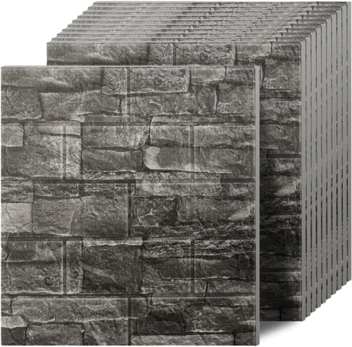 Vista 13 de Paneles de pared 3D para despegar y pegar en piedra negra y gris, 10 piezas de papel tapiz 3D de espuma XPE, paneles de pared de ladrillo sintético