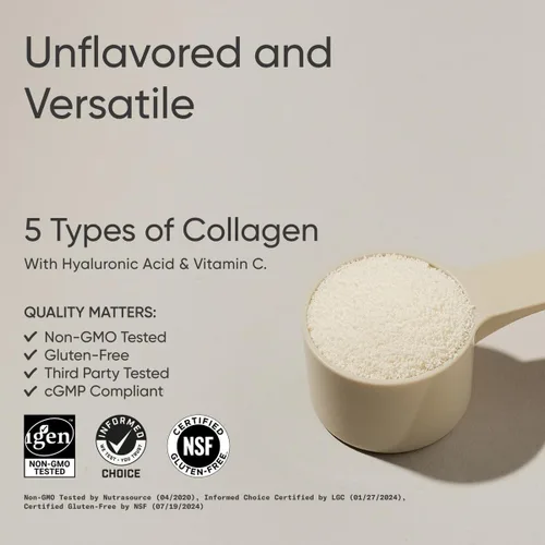 Vista 9 de Sports Research® Polvo de proteína de colágeno múltiple - Péptidos de colágeno de fuente alimentaria (Tipo I, II, III, V, X) con ácido hialurónico +