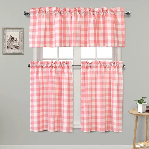 Vista 13 de Hiasan - Juego de cortinas semitraslúcidas a cuadros con cenefa y paneles de cocina, filtro de luz Buffalo a cuadros, color aguamarina y blanco