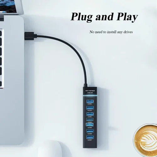 Vista 5 de Paquete de 2 concentradores USB de 7 puertos, adaptador USB de múltiples puertos con luz indicadora, estación de acoplamiento de transmisión
