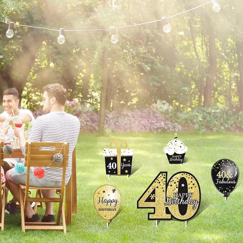 Vista 6 de Decoraciones de feliz cumpleaños 40 para hombres al aire libre 40 cumpleaños patio carteles con estacas negro y dorado 40 cumpleaños fiesta patio