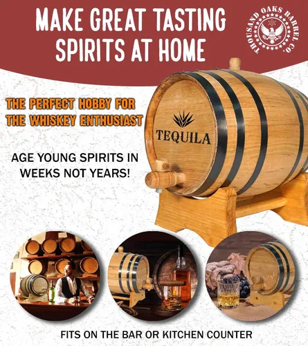 Vista 2 de Dispensador de barril de envejecimiento de tequila de 1 litro con soporte de madera, bung y espita - ¡Cócteles de edad y más! Mini barriles