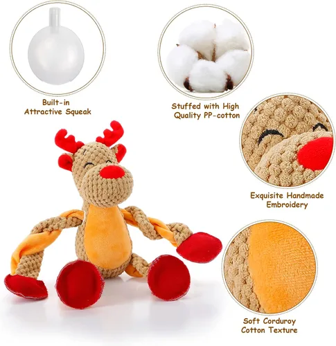 Vista 2 de Senneny Juguetes Navideños para Perros, Peluche de Reno Chirriante con Cuerdas para Tirar de la Cuerda, Juguetes de Masticar Interactivos Duraderos