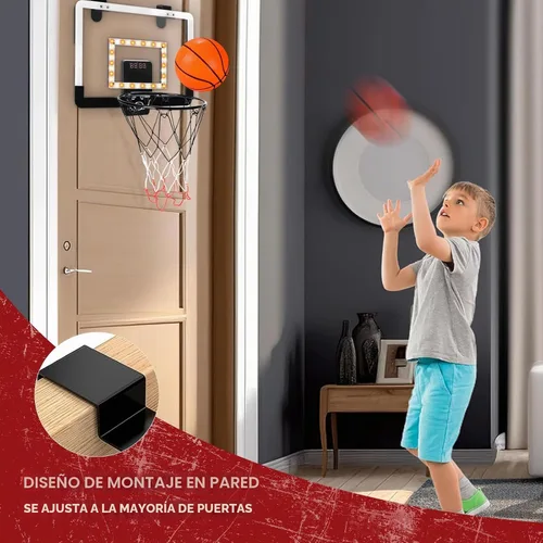 Vista 4 de Mini aro de baloncesto interior para niños para puerta pared habitación con 3 bolas marcador electrónico