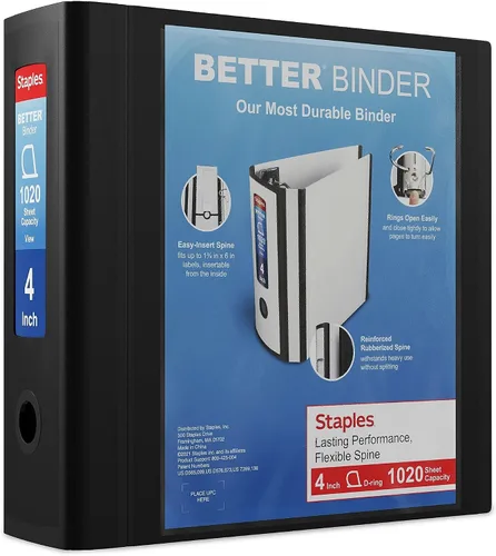 Vista 88 de Carpeta con anillos en forma de "D" de 1 pulgada para mejor visualización Staples, Negro