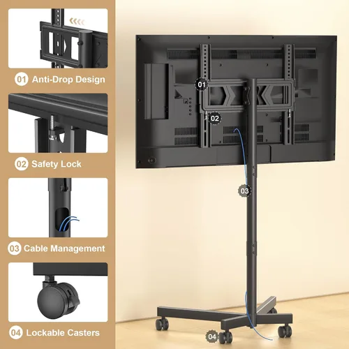 Vista 7 de XINLEI Soporte de TV móvil con ruedas para la mayoría de televisores de pantallas planas/curvas de 21 a 60 pulgadas, carrito de TV rodante de altura
