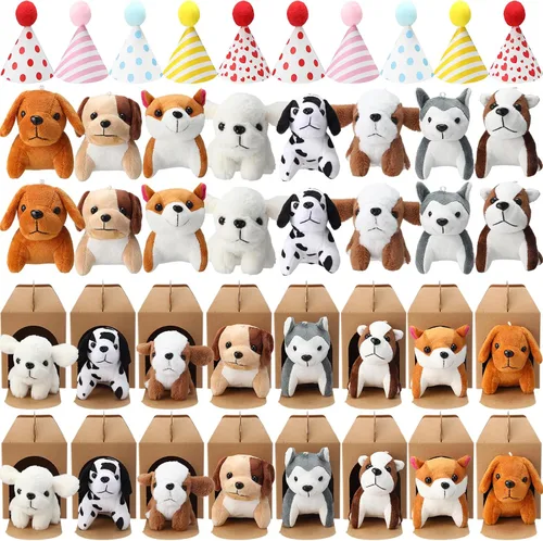 Vista 11 de Juego de 20 Mini Juguetes de Peluche Animales de Peluche Perros con Sombreros de Cumpleaños Cajas de Papel Kraft Cachorros de Peluche Pequeños