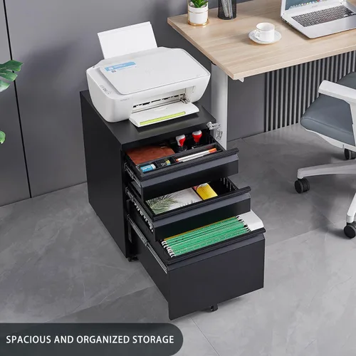 Vista 2 de Archivador rodante con cerradura, archivador de almacenamiento de oficina de 3 cajones para tamaño carta, archivador de metal de acero para oficina