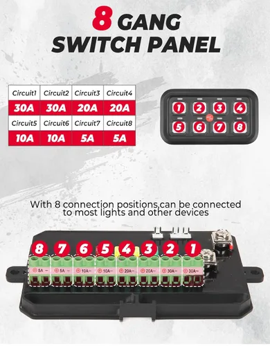 Vista 5 de KEMIMOTO Panel de interruptor táctil de 8 gang, control táctil LED para automóviles, UTV, camiones 60A Circuit Breaker, Blade Fuses, Solid-State