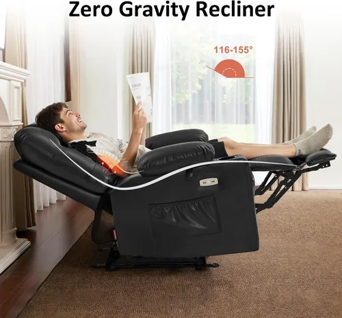 Vista 4 de MCombo PR621 Silla reclinable eléctrica de gravedad cero con calor y masaje PR621 (negro) Gravedad cero de 155°, puertos de carga USB y tipo C