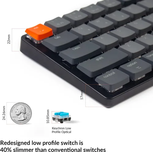 Vista 3 de Keychron K7 65% Layout Teclado mecánico USB inalámbrico ultradelgado intercambiable en calienteBluetooth con cable USB con interruptor óptico rojo