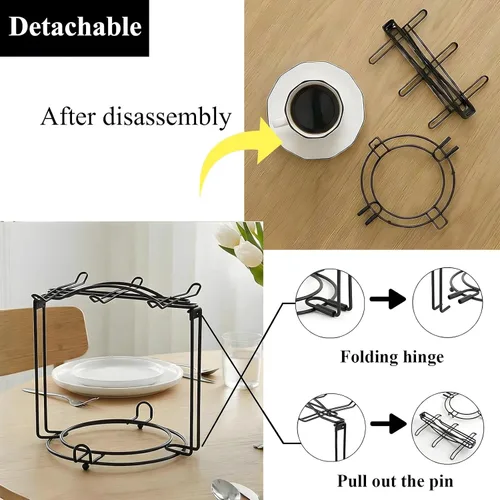 Vista 4 de YOLIFE Soporte para tazas de té. para 6 tazas, 6 platitos, 6 cucharas, desarmable., Negro Metal Cup and Saucer Display Stand, Foldable Tea Station
