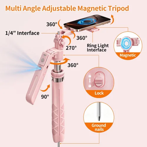 Vista 7 de Trípode magnético de seguimiento facial automático rosa con luz para iPhone, trípode para selfie stick de 71 pulgadas, rotación de 360° que sigue tu