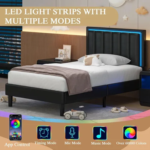 Vista 3 de IMMERSTABLE - Bases de cama tamaño individual, tapizadas con cabecero, luces LED RGB, soporte resistente con listones de madera, sin ruido, no Negro