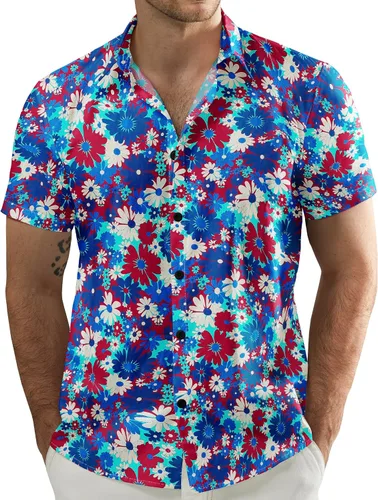 Vista 13 de JOGAL - Camisa hawaiana de Aloha para hombre, manga corta, diseño de flores Negro Blanco Línea
