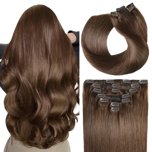 Vista 13 de SUYYA Extensiones de cabello humano real con pinzas, 7 piezas de extensiones de cabello humano Remy liso con clip, para mujer, doble trama, 12 #1