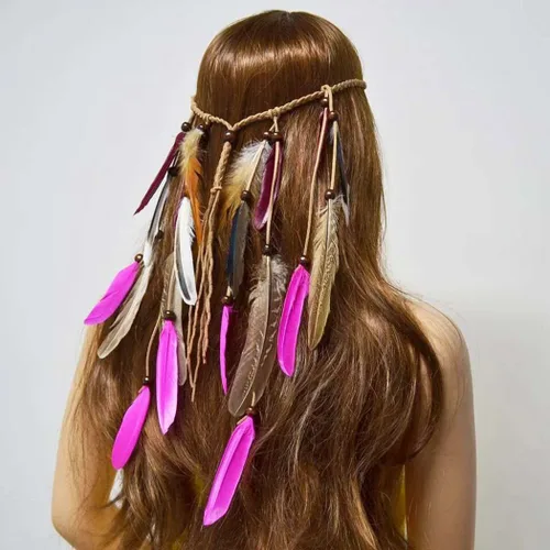 Vista 6 de CAKURE Diademas bohemias de plumas indias de pavo real, diadema gitana, ajustable, tocado hecho a mano, accesorios para el cabello (juego 7)