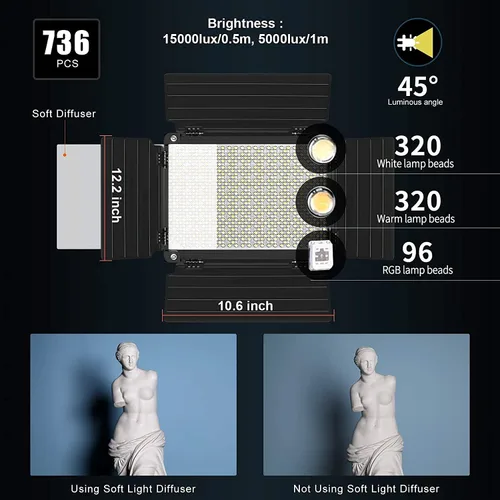 Vista 8 de GVM - Luz de video LED RGB con control Bluetooth, kit de iluminación de video 1000D PRO de 360° a todo color con 736 cuentas LED, 2 paquetes de luz