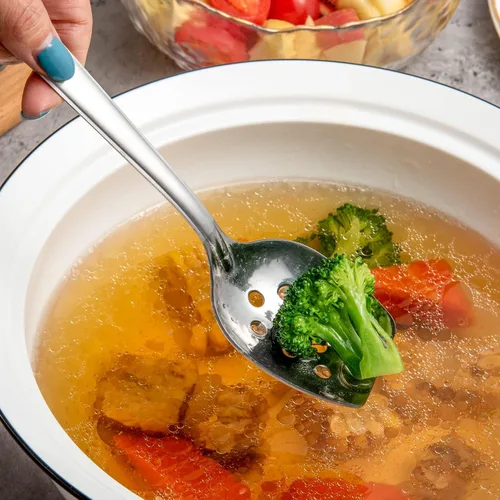 Vista 3 de IMEEA Juego de 2 cucharas de cocina compactas de fondo plano de 8 pulgadas, cuchara de cocina ranurada y sólida de acero inoxidable 18/8, cuchara