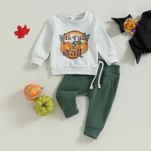 Vista 2 de Hnyenmcko Conjunto de 2 piezas de sudadera de manga larga con letras de calabaza para bebé niño, conjunto de 2 piezas, ropa de otoño Gris-A
