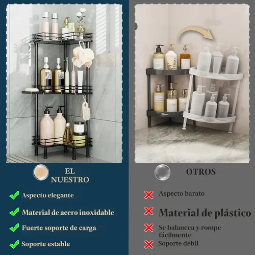 Vista 2 de Consumest Organizador de Ducha de Esquina de Pie - Organizador de Ducha de Acero Inoxidable de 3 Niveles con Portajabón y 4 Ganchos, Estante