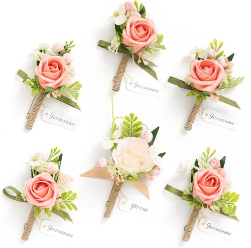 Vista 10 de Ling's Moment Boutonniere para Hombres Boda, Juego de 6, Novio y Padrinos Boutonniere para Boda Regreso a Casa Halloween Ceremonia Aniversario, Cena
