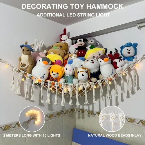 Vista 3 de Red Grande para Animales de Peluche o Hamaca, Hamaca de Juguete de Macramé Boho con Luces LED, Red que Decora la Habitación y Ahorra Espacio