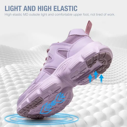 Vista 3 de Zapatos de seguridad para mujer y hombre, con puntera de acero, ligeros, transpirables, morados, negros, zapatos de trabajo, zapatos industriales
