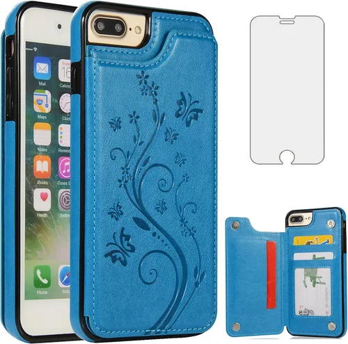 Vista 12 de Funda de teléfono para iPhone 7plus 8plus 7/8 Plus con protector de pantalla de vidrio templado y tarjetero para tarjetero, accesorios de cuero