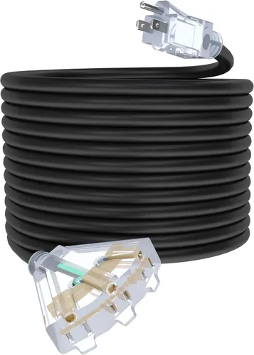 Vista 10 de Cable de extensión de calibre 12 de 2 pies con 3 salidas Paquete de 3 cables de extensión resistentes al agua para exteriores con extremo Negro