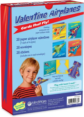 Vista 3 de Peaceable Kingdom Tarjeta de Avión de Papel Super San Valentín, 1 EA 28 San Valentín listos para regalar para toda la clase. Incluye 28 tarjetas