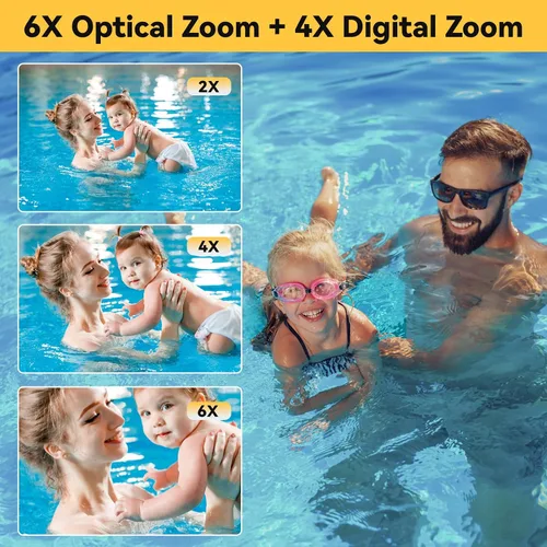 Vista 4 de Cámara subacuática, 2.7K 56MP 33FT Cámara digital impermeable con zoom óptico 6X y zoom digital 4X Pantalla IPS de 2.8 pulgadas, ideal para snorkel