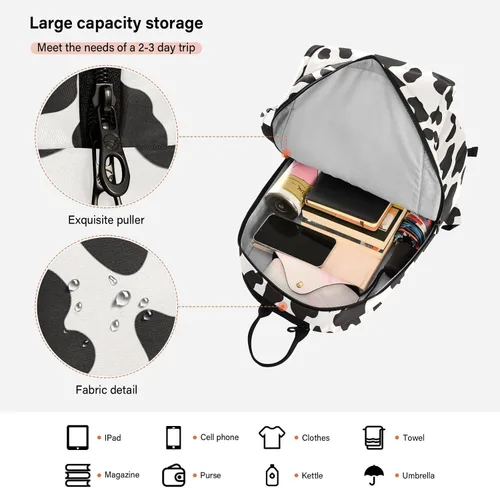 Vista 6 de Mochila de tenis para adultos, gran almacenamiento, estampado de vaca, bolsa de raqueta de tenis blanca y negra con capacidad para 2 raquetas