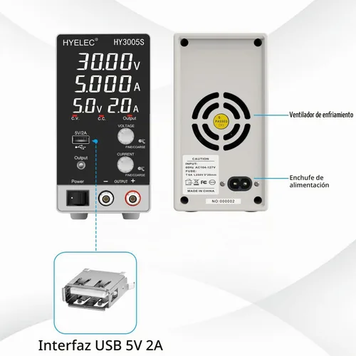 Vista 4 de Fuente de alimentación CC variable 30V 5A, Hyelec Fuente de alimentación regulada de conmutación ajustable con pantalla LED de 4 dígitos, ajustes
