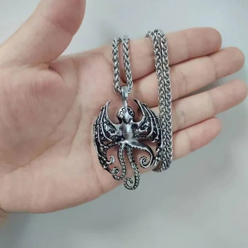 Vista 44 de YAMI Collar de alas angulares para hombre, ángel de la guarda, dragón, cuervo, pulpo, collar de anime, collar de acero inoxidable 316