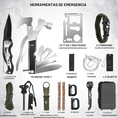 Vista 6 de Regalos para hombres Kit de supervivencia de Navidad, equipo de supervivencia y suministros 258 PIEZAS con filtro de agua, tienda de emergencia