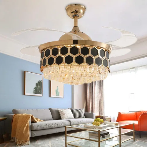 Vista 9 de Ventilador de techo de cristal de 42 pulgadas con luz y control remoto, ventilador de techo de lujo de oro rosa con aspas retráctiles, ventilador