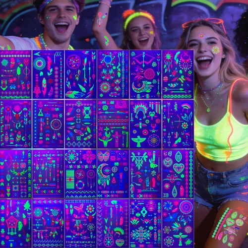 Vista 14 de Tatuajes temporales de neón UV, 12 hojas de tatuajes de fiesta que brillan en la oscuridad para adultos y niñas, patrones de doble vibración