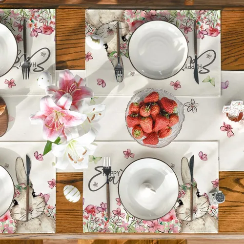 Vista 5 de Artoid Mode Juego de 4 manteles individuales de Pascua con diseño de conejo, diseño floral, 12 x 18 pulgadas, para decoración de fiestas, cocina
