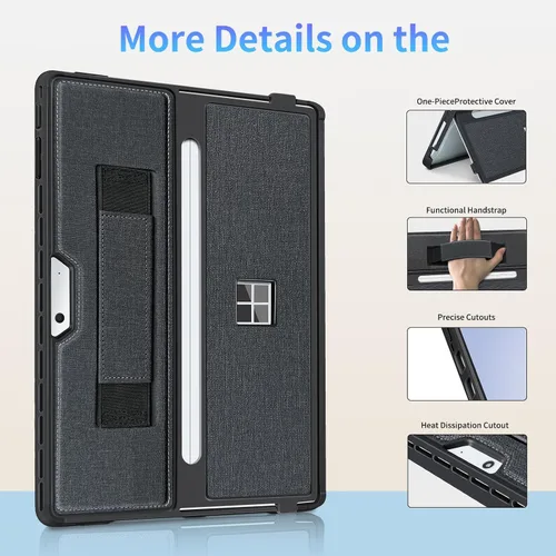 Vista 5 de Funda para Microsoft Surface Pro 11/10/9/8 de 13 pulgadas, con cubierta de soporte, correa de mano, funda resistente todo en uno compatible con Negro