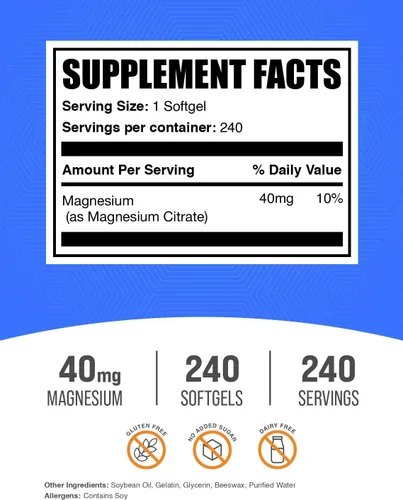 Vista 2 de BulkSupplements. Com Cápsulas blandas de citrato de magnesio, suplemento de magnesio, 40 mg de magnesio, sin gluten, 1 cápsula blanda por porción